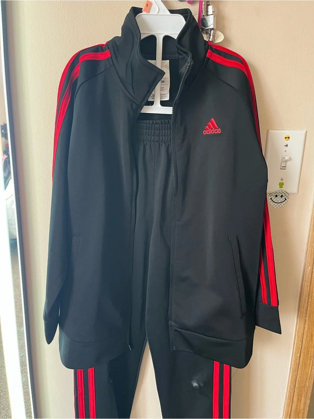 Boys Adidas Black Track Suit with Red Stripe Accents